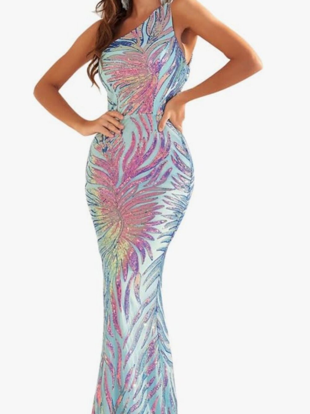 Giffniseti Women's One Shoulder Holographic Sequin Dresses Evening Gown Formal